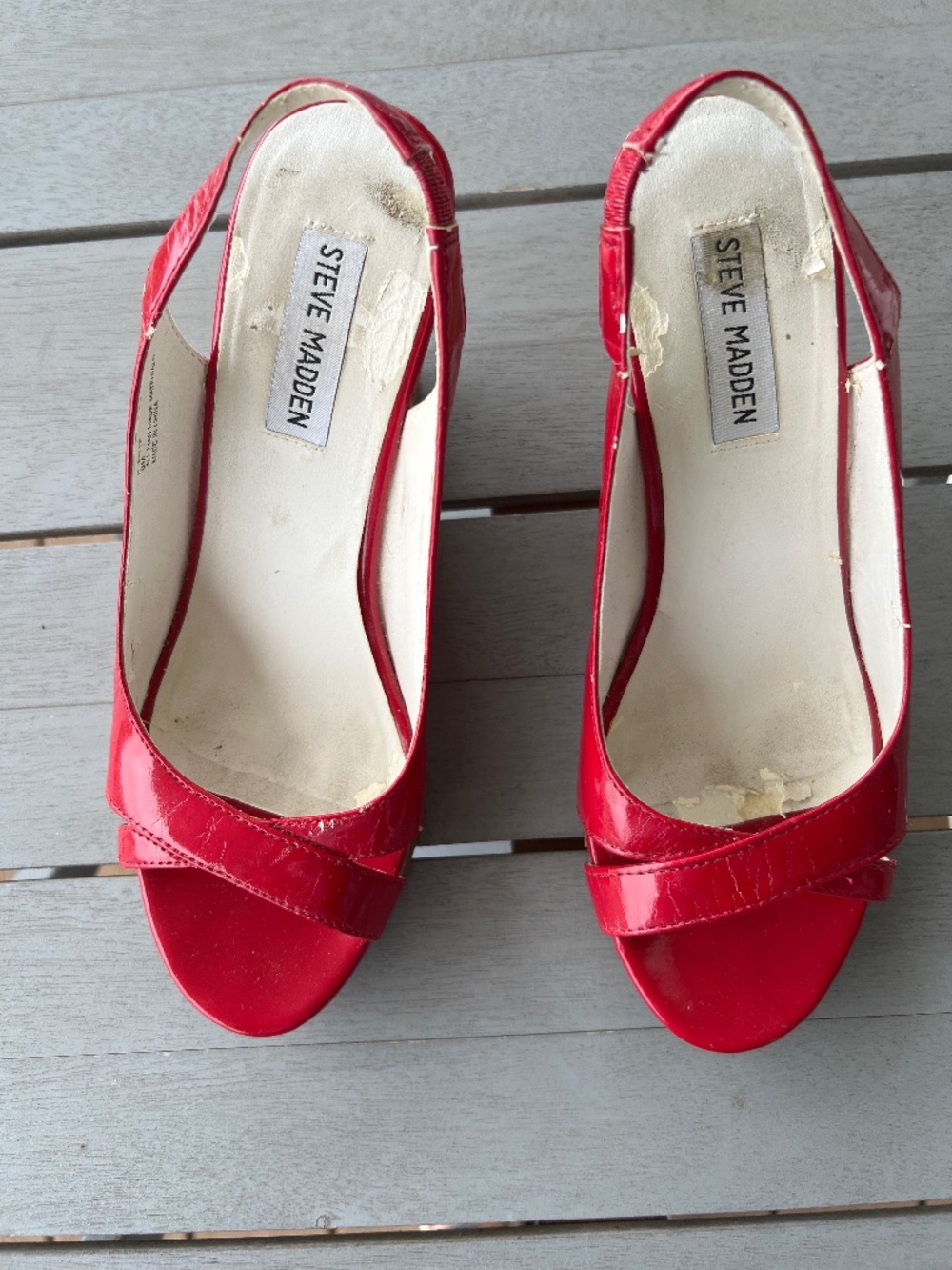 Patent Leather red cork heel peep toe wedge